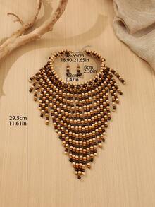 1 Set Handmade Multi-Layer Random Color Wooden Bead Statement Necklace, Boho Style Beach Holiday Party Middle Eastern Evening South Asian Inspired Jewelry Necklace & Earrings For Women - Coffee Brown - View 3