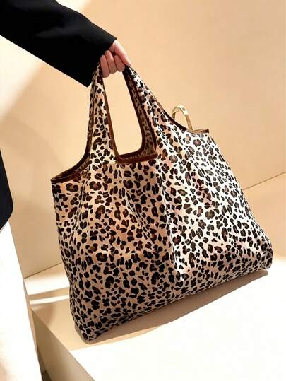 1pc Women's Large Capacity Leopard Print Tote Bag, Handbag, Portable And Lightweight, Brown, Polyester Material, Foldable, Sturdy Handle, Suitable For Daily Life, New Year, Valentine's Day, Travel, Shopping, Fashion Accessories, Gifts For Women, Gifts For Family