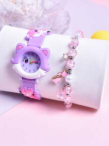 2pcs Girls' Gift Set: 2026 New Soft Silicone Strap Cartoon Cat Design Watch, Creative Blinking Cat Quartz Wrist Watch, Colorful Beaded Bracelet For Elementary Students - Purple - View 9