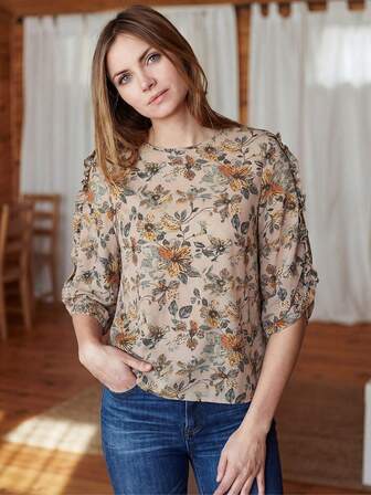 女士乡村复古田园花卉印花拼接喇叭袖七分袖波西米亚风圆领上衣，休闲度假，适合春夏秋季穿着，乡村音乐会/日常穿着/外出活动