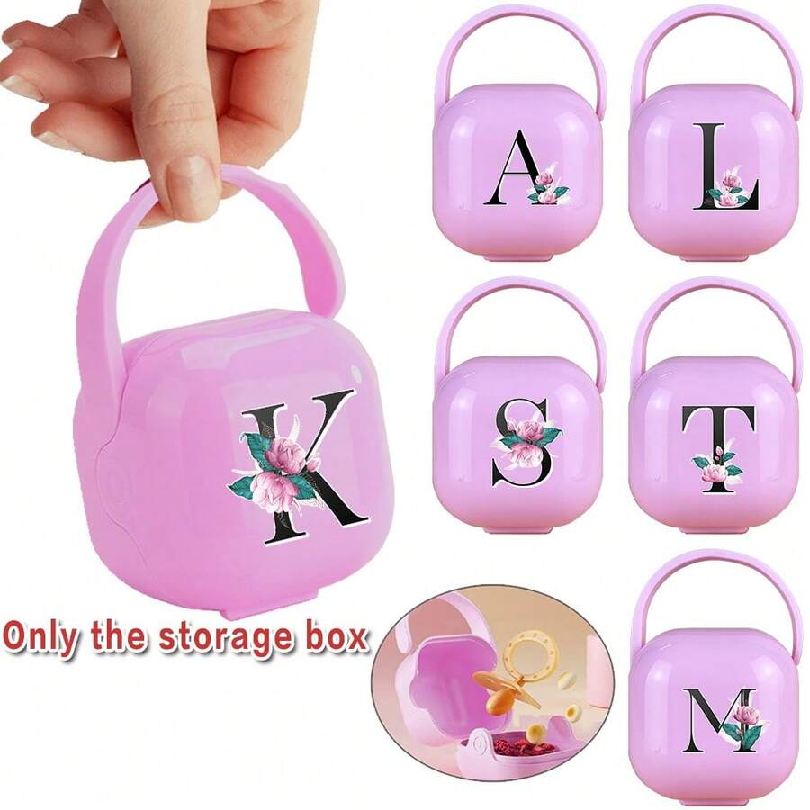 Pp Pacifier Box Portative Storage Nipple Holder With Handle Sterilizable Dustproof Eething Stick Teat Case Personal Item Organizer Travel Essential Initial Name 26 Letters Pattern Green Colour Random Shipment - Pink - View 1