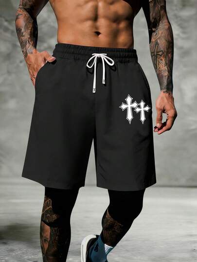 夏季新款男士短裤，交叉图案印花，休闲运动健身跑步浪漫约会款，松紧腰抽绳裤
