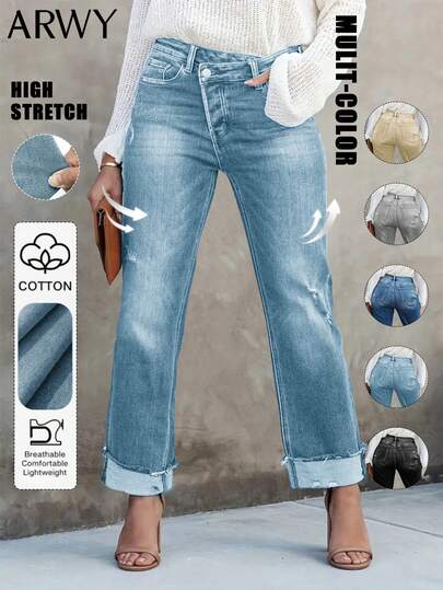 Pantalon en jean délavé casual avec moustaches de chat ARWY, grande taille, jeans skinny stretch à jambe droite, convient pour le quotidien, les vacances, l'école, les occasions formelles, les voyages, Pâques, le mois de la fierté (États-unicolore), toutes les saisons, printemps