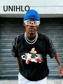 Disney UNIHLO  Mickey   Printed Summer Heavyweight Retro Washed Street Fashion Casual T-Shirt - Black - View 4
