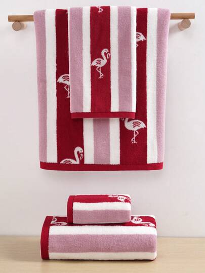 QIBHI 3/1 pieza(s) Toalla de algodón 100% absorbente con rayas de flamenco de colores, adecuada para baño, hotel, gimnasio, viaje, regalo, salón, deportes, exterior, playa, escuela, vuelta al cole, accesorios de viaje, artículos esenciales para el hogar