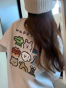 女士宽松圆领短袖字母卡通印花T恤，春夏款 - 淺花灰 - 查看 2