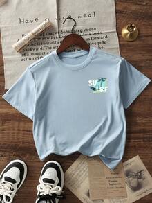 Áo thun ngắn tay cổ tròn dáng casual cho bé trai, in hình cây cọ và ván lướt sóng. - Màu xanh nhạt - Xem 4