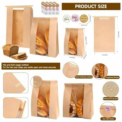 Paper Bread Bags For Homemade Baked Goods 20 Pack With Window And Tin Tie Closure Sourdough Bags 13.7x8.3x3.5 Inches Includes 36 Label Seal Stickers