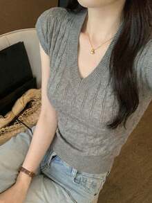 新款春夏休闲V领扭结修身灰色针织短袖上衣 - 花灰色 - 查看 1