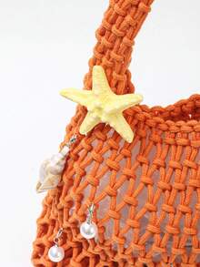 BAILEE 1个涤纶网眼手提包，多色纯色系带编织手提包，菱格纹图案，轻便大容量可爱日式棉布包，适合海滩、户外、旅行、徒步、夏季和冬季使用，是送给女性、学生、教师的绝佳礼物。 - 橘色 - 查看 9