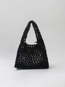 BAILEE Bolso de mano de poliéster de colores de moda con patrón tejido a mano y colgante de océano, adecuado para vacaciones - Negro - Ver 8