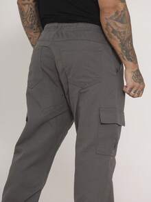 Men's Wide Leg Twill Cargo Pants With Side Pockets - Streetwear - Grey - View 8