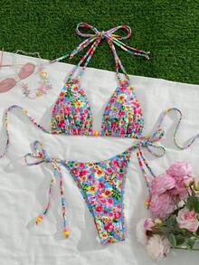 PEPPERMOLLY Bộ bikini hai mảnh họa tiết hoa nhí | Đồ bơi 2 mảnh có thể điều chỉnh với dây buộc - Đồ bơi hoàn hảo cho kỳ nghỉ hè trên bãi biển - Nhiều màu - Xem 3
