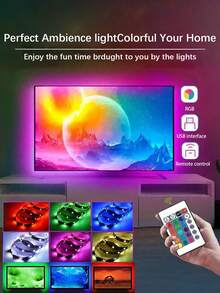 1-5米USB 5V RGB LED灯带，带24键遥控器，DIY自粘式LED灯带，支持16种颜色变换和4种动态模式，适用于房间照明、厨房、派对、酒吧、走廊装饰、卧室、客厅、游戏室、电视背光、圣诞节和万圣节装饰 - 彩色 - 查看 3