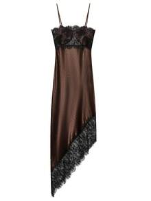 DEEKA Summer New Women's Fashion Sexy Asymmetric Lace Satin Dress, European And American Style Elegant - Brown - View 7