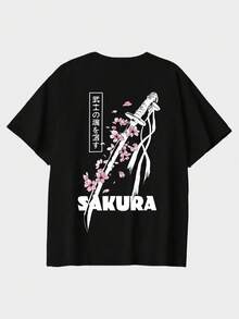 Men's Crew Neck Short-Sleeved Loose T-Shirt, 100% Cotton, Japanese Bushido Cherry Blossom Print, Spring/Summer Casual, Street Style, Travel Wear, For Brothers Styles, Holiday Leisurewear, Office/Restroom/Home/Outdoor Sports/Retro Style/Simple And Fun Design, All-Season, Sporty, Movie/Anime Elements, Youth, Unisex, 80s Retro Movies, 90s/Y2K Style, Lightweight Retro, Holiday Theme. - Black - View 3