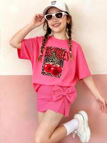 This Casual Outfit Features A Unique Cherry Pattern Design And Includes A Fuchsia Crew Neck T-Shirt And A Fuchsia Culottes - Hot Pink - View 1