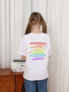 Camiseta de cuello redondo de manga corta con estampado gráfico informal para niñas preadolescentes, top de verano - Blanco - Ver 2