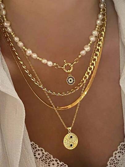 Set de 4 collares con colgante de moneda de ojo malvado y perla con diseño vintage, adecuado para uso diario, regalo del Día de San Valentín, regalo para novia, regalo para mamá