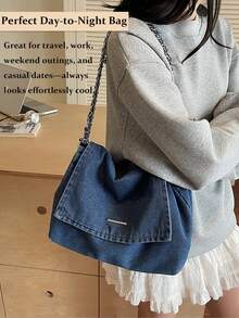 New Fashion Casual Solid Color Denim Effect Metal Chain Strap Flap Cover Women Shoulder Bag,Vintage Washed Jean Flap Over Shoulder Bag For Women, Adjustable Chain Strap Crossbody Purse With Magnetic Snap Closure, Large Capacity Casual Bag Fits Phone, Umbrella, Water Bottle For All Seasons, Travel, Commute & Date Nights In Black, Dark Blue & Light Blue[US Local Warehouse]The Best Gift Choice, Birthday Gift, Christmas Gift - 彩色 - 查看 5