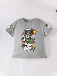 Áo thun cổ tròn tay ngắn in hình robot và tay cầm chơi game cổ điển dành cho thiếu niên nam, trang phục mùa hè và thu mới cho trẻ em. - Xám - Xem 3