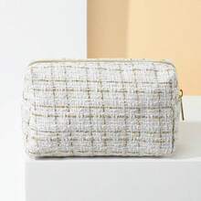 Chic Tweed Cosmetic Bag Black With Gold Zipper Large Capacity Travel Toiletry Pouch - Multicolor - View 6