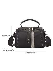 时尚百搭手提包，独特设计，纯色流苏铆钉波士顿包，优雅斜挎包，简约休闲宽肩带单肩包，适合通勤、外出、约会和购物。 - 黑色 - 查看 4