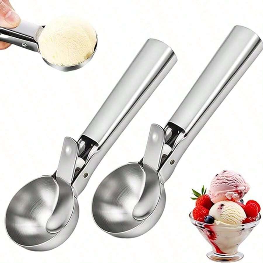 2-Piece Premium Ice Cream Scoop Set, Stainless Steel Ice Cream Scoops - With Release Trigger, Heavy-Duty Metal Material, Suitable For Fruits, Ice Cream, Frozen Yogurt And Sundaes, Including Small And Large Sizes, Essential Kitchen Supplies, Must-Have Tools For Cold Drinks - Bạc - Xem 1