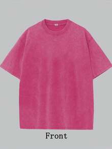 Women's Casual Cotton Round Neck Short Sleeve Drop Shoulder Longline T-Shirt - 玫紅色 - 查看 2