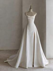 Dainty Spaghetti Strap A-Line Wedding Dress With Thigh High Slit – Glossy Satin Gown With Slim Straps And Elegant Flow, Perfect For Wedding Ceremonies, Christmas Balls, Halloween Parties, Prom Celebrations, Birthday Galas, And Nighttime Events. Great For Nuptial Occasions, Festive Parties, Bridal Functions, Vacation Events, Formal Dinners, Graduation Balls, Homecoming Nights, Cocktail Receptions, And Wedding Guest Engagements. - 白色 - 查看 1