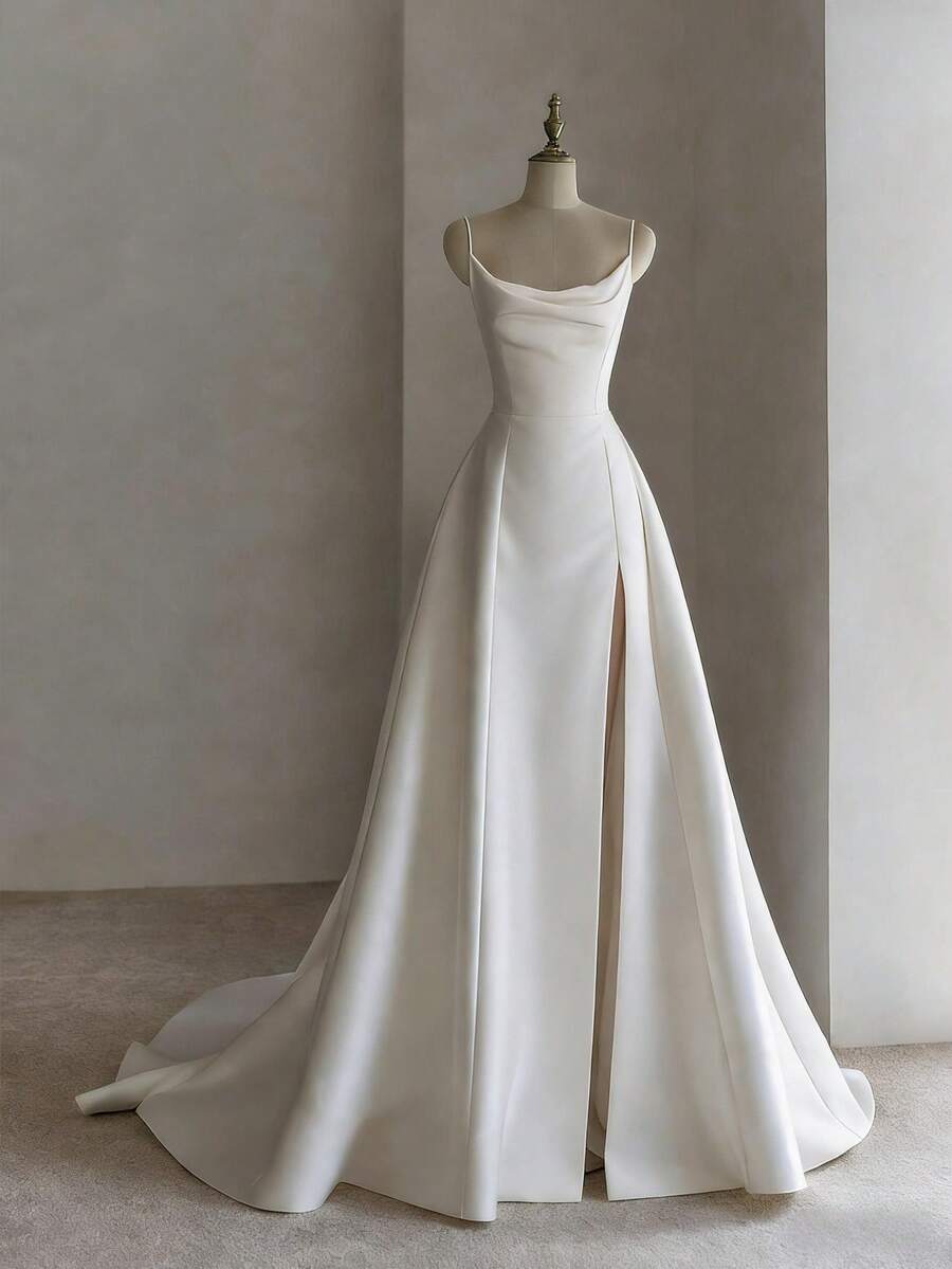 Dainty Spaghetti Strap A-Line Wedding Dress With Thigh High Slit – Glossy Satin Gown With Slim Straps And Elegant Flow, Perfect For Wedding Ceremonies, Christmas Balls, Halloween Parties, Prom Celebrations, Birthday Galas, And Nighttime Events. Great For Nuptial Occasions, Festive Parties, Bridal Functions, Vacation Events, Formal Dinners, Graduation Balls, Homecoming Nights, Cocktail Receptions, And Wedding Guest Engagements. - 白色 - 查看 1