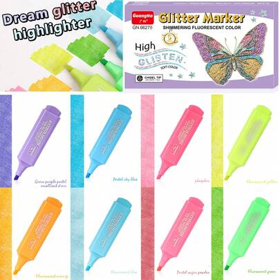 16 Colors Metalic Glitter Highlighter, Angled Tip Drawing Pen, Water Based Marker For Drawing, Dooding, Handbook. Joumaling, Key Marking