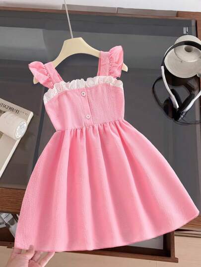 Girls Sleeveless Dress, Summer New Cute Cap Sleeve Thick Strap Pink Slip Dress, Knee Length