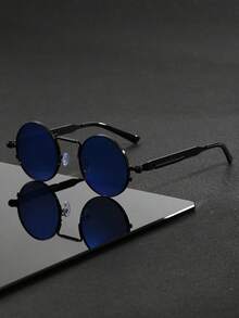 1 par de gafas de moda estilo steampunk redondas de metal para hombres, con diseño de patilla de resorte, adecuadas para deportes al aire libre, ciclismo, conducción, pesca, viajes, vacaciones en la playa - Multicolor - Ver 22