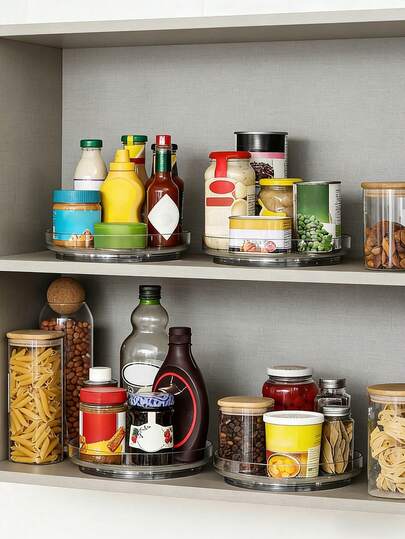 رف توابل دوار 360 درجة، رف تخزين دائري موفر للمساحة مع قاعدة دوارة، مناسب للعداد والمخزن والحمام - بهيكل بلاستيكي، منظم متعدد الأغراض للتوابل والزيوت والصلصات والأدوات - سطح سهل التنظيف وتصميم حديث - مثالي لمطابخ صغيرة وتخزين الأطباق، رف توابل مع زجاجات