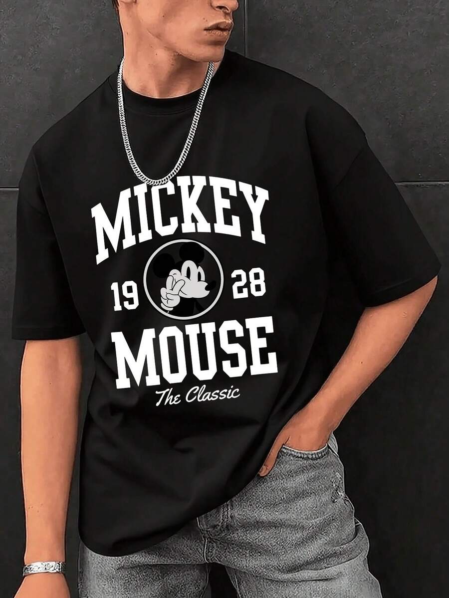 Men's Disney Casual T-Shirt, "Mickey Mouse 1928 The Classic" Print, Vintage Varsity Design, Comfortable Soft Fabric, Perfect For Disney History Fans - Black - View 1