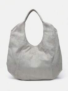 Women's Handbag, Gray, Vintage Large Capacity Tote Bag, Suede Handbag, Solid Color Patchwork Design, Western Style, Large Capacity Lightweight Handbag, Women's Shoulder Bag, Commuter Bag, PU Leather - Light Grey - View 9
