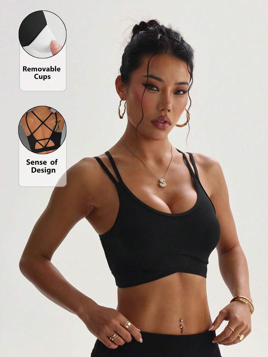 Sujetador deportivo sin costuras para mujer, de unicolor, con almohadillas extraíbles y espalda cruzada - Negro - Ver 1