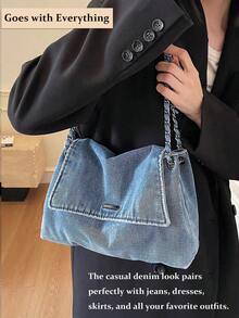New Fashion Casual Solid Color Denim Effect Metal Chain Strap Flap Cover Women Shoulder Bag,Vintage Washed Jean Flap Over Shoulder Bag For Women, Adjustable Chain Strap Crossbody Purse With Magnetic Snap Closure, Large Capacity Casual Bag Fits Phone, Umbrella, Water Bottle For All Seasons, Travel, Commute & Date Nights In Black, Dark Blue & Light Blue[US Local Warehouse]The Best Gift Choice, Birthday Gift, Christmas Gift - 彩色 - 查看 9