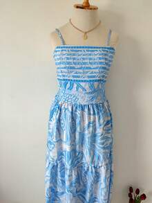 Women's Long Printed Dress With Built-In Bra Cups, Crepe Fabric. - Celeste - Ver 3