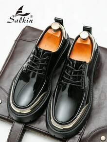 Salkin Pantofi Derby bărbătești, noi și eleganți, de designer, pantofi de damă eleganți cu șireturi, parte superioară din piele moale și confortabilă, pantofi casual bărbătești pentru zi cu zi, întoarcerea la școală, studenți, stil universitar, talpă groasă care mărește înălțimea, naveta de afaceri, ocazii formale, pantofi pentru mire, cadou de sărbători, primăvară/vară/toamnă, mărime mică, vă rugăm să comandați o mărime mai mare. - Negru - Vizualizare 3