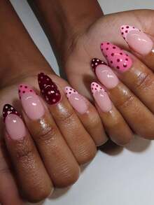 24片长杏仁形粉色波点美甲贴纸，亚克力按压式美甲，包含1片果冻胶和1个指甲锉。波点美甲和猫眼美甲让你的指尖闪耀，适合派对、跳舞和日常使用。 - 彩色 - 查看 2