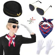 5pcs Stewardess Costume Accessories Set, Suitable For Pairing With Stewardess Uniform, Can Be Used For Christmas And Other Occasions, Including Stewardess Hat, Gloves, Scarf And Brooch. Also Suitable For Halloween Parties, Balls, Music Festivals And New Year Costumes. - Multicolor - View 14