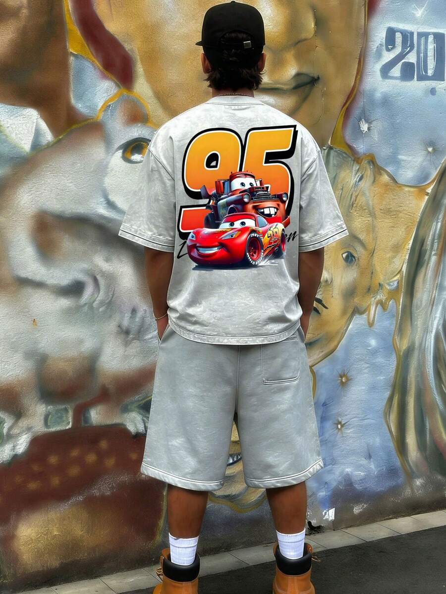 Disney-Car Mobilization Lightning McQueen Bent Teeth T-Shirt Retro Distressed Washed Cartoon Print Short Sleeved Shirt For Men And Women, Loose Half Sleeved Top For Couples - Màu Xám nhạt - Xem 1