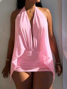 Women's Solid Color Halter Deep V Backless Ruffle Pleated Bodycon Mini Dress Pink Elegant Party Summer - Pink - View 8