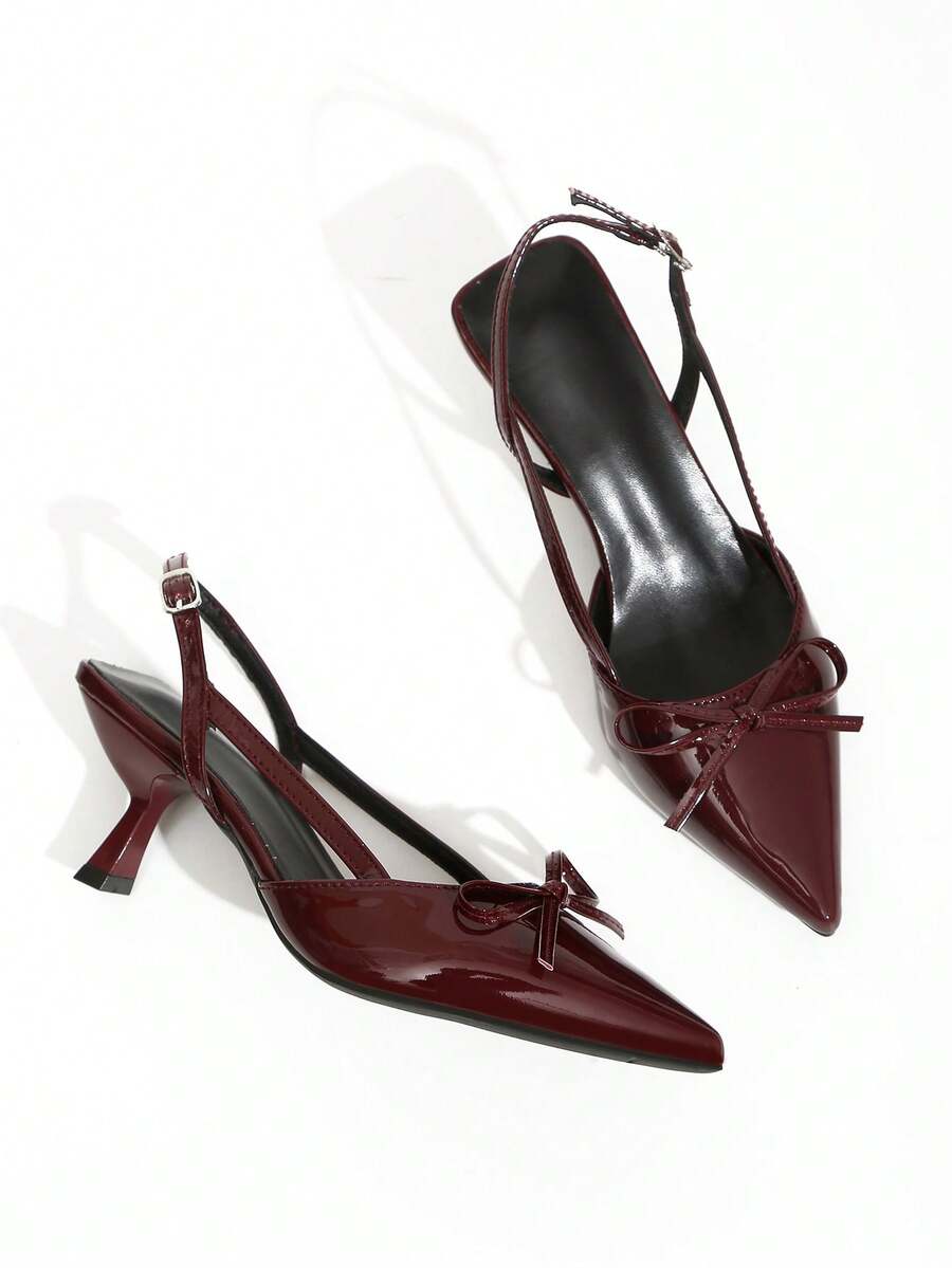 Elegant Bowknot High Heels, Women's Summer New Pointed Toe Thin Heel Low Vamp Fairy Style Kitten Heels - Burgundy - View 1