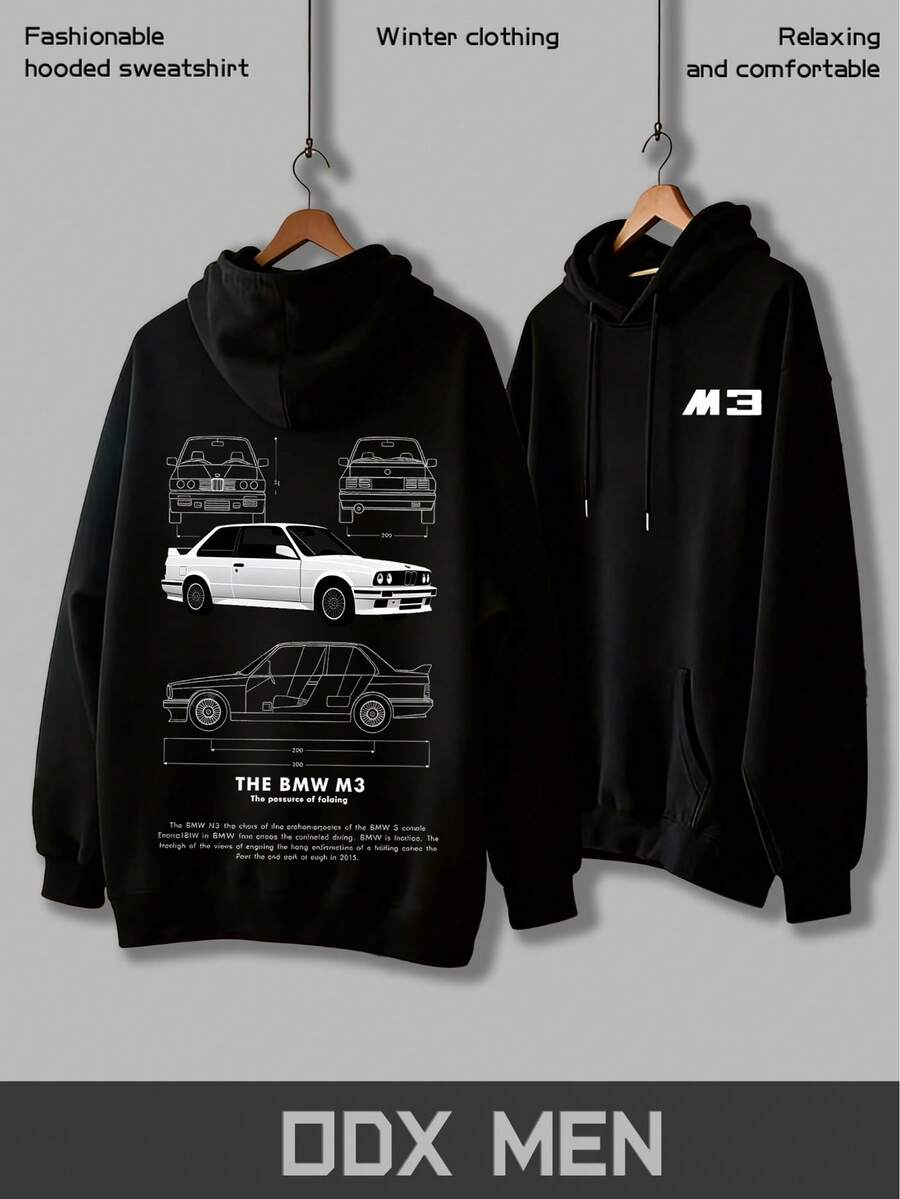 M3 Classic Car-Themed Hooded Sweatshirt, Street Style, Men's Black Hooded Sweatshirt, Comfortable Pullover, Car Culture Themed Hoodie, Casual Sportswear, Versatile, Winter Coat, Gift For Men - 黑色 - 查看 1