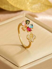 1pc Casual, Interesting, Elegant, Luxurious Gold Stainless Steel Small Flower Butterfly Zirconia Ring Set, Suitable For Children, Students, Decoration, Party, Holiday Gift - Gold - View 4
