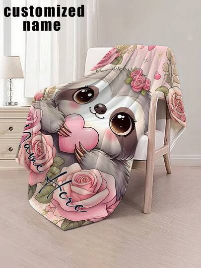 1pc Customizable Sloth Graphic Throw Blanket, Featuring Cute Cartoon Sloth Design With Pink Roses And Heart Elements, Soft And Cozy Knitted Flannel Fabric With Digital Printing, Suitable For Sofa, Bed, Travel, Camping, Office - Easy Care, Great For Napping, Camping And Travel.