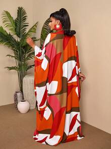 BIUBIU Plus Size Elegant Abstract Print Kaftan Dress, Spring Vacation Outfit With Batwing Sleeves, Women V-Neck Front Slit Design - Red Orange - View 2